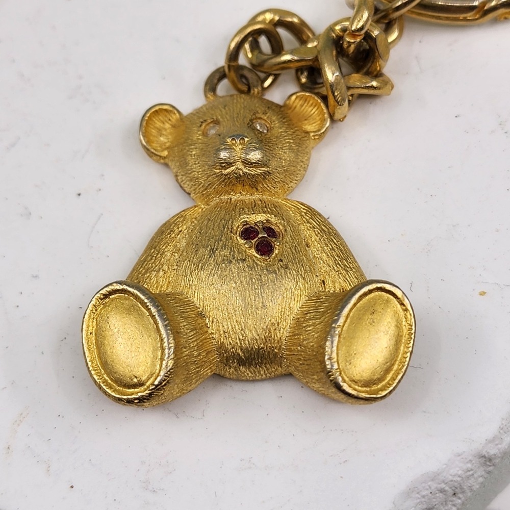 Cookie Lee Teddy Bear Keychain Gold Tone Red Rhinestone Crystal Figural Charm